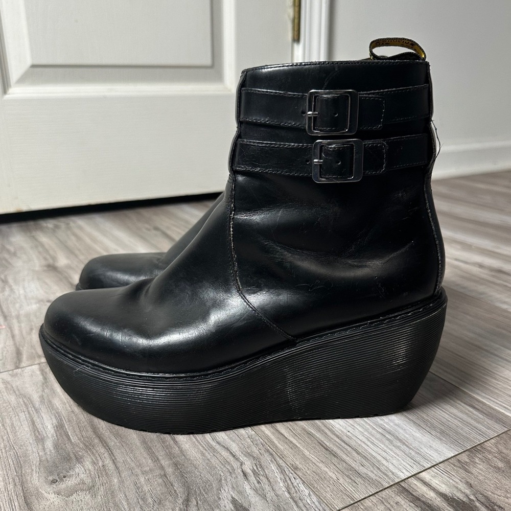 Dr. Martens Caitlin Black Brando Leather Double Buckle Platform Ankle Boots